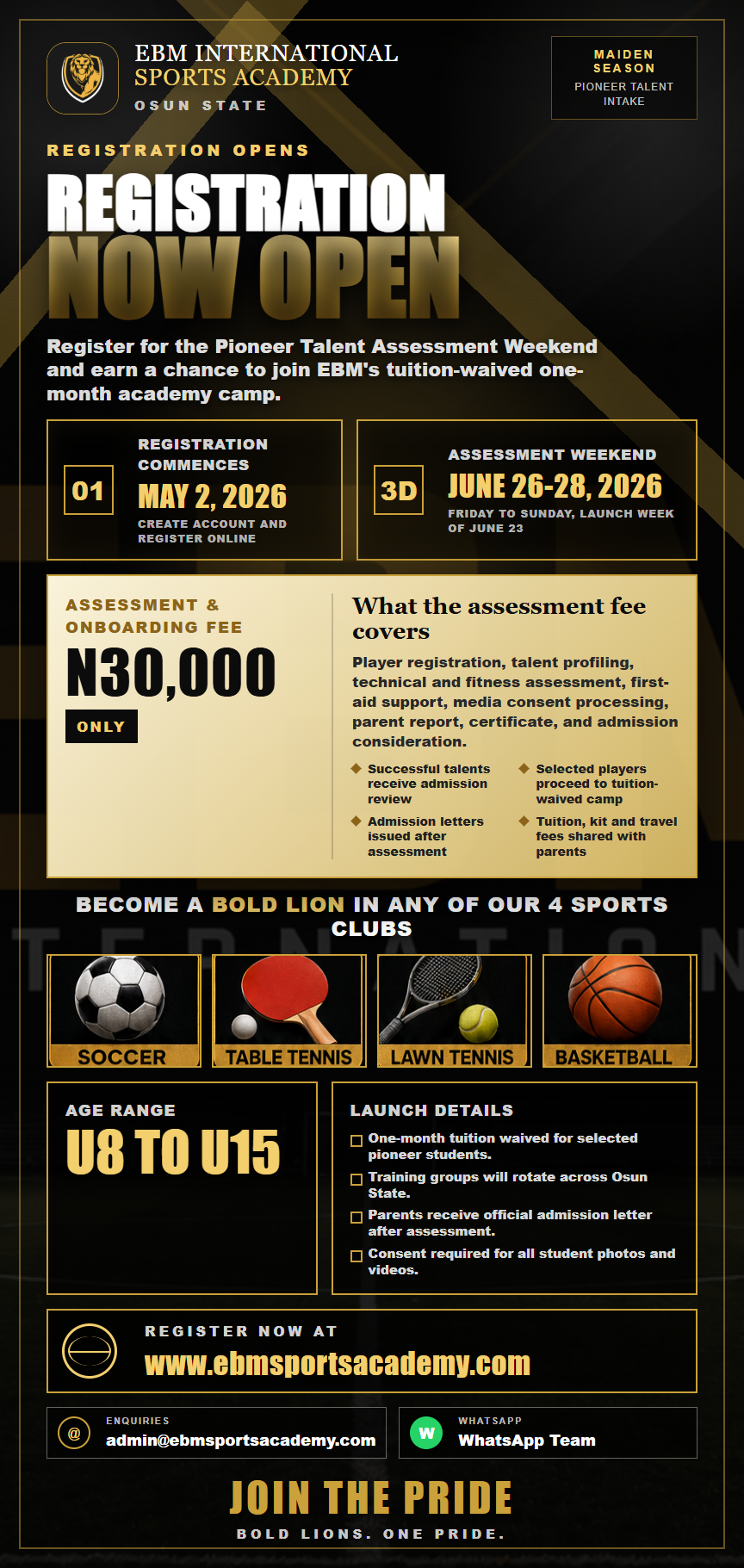 EBM International Sports Academy pioneer talent intake launch poster