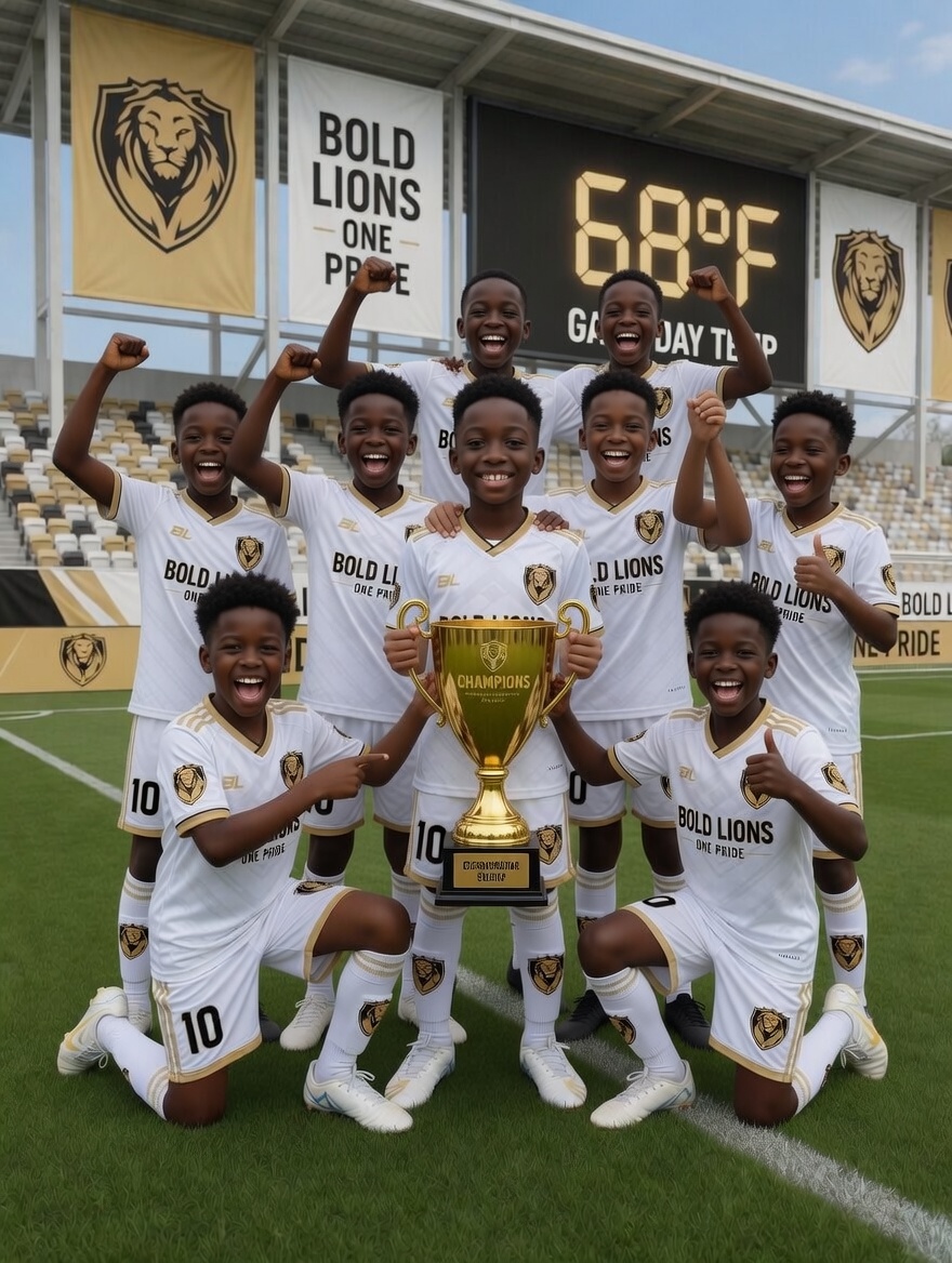Bold Lions youth team celebrating together with a trophy on the field