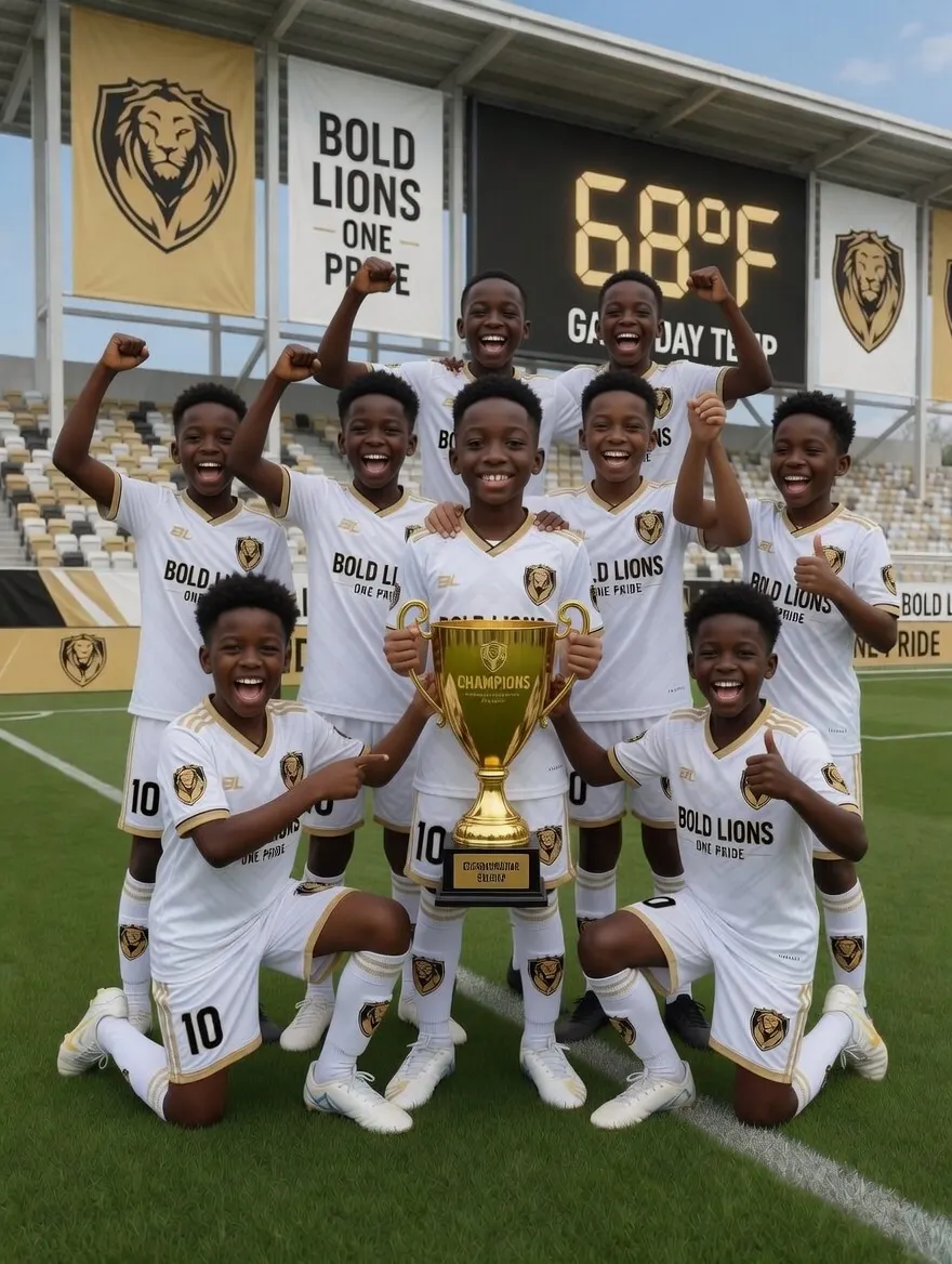 EBM Bold Lions youth team celebrating together with a trophy on the field