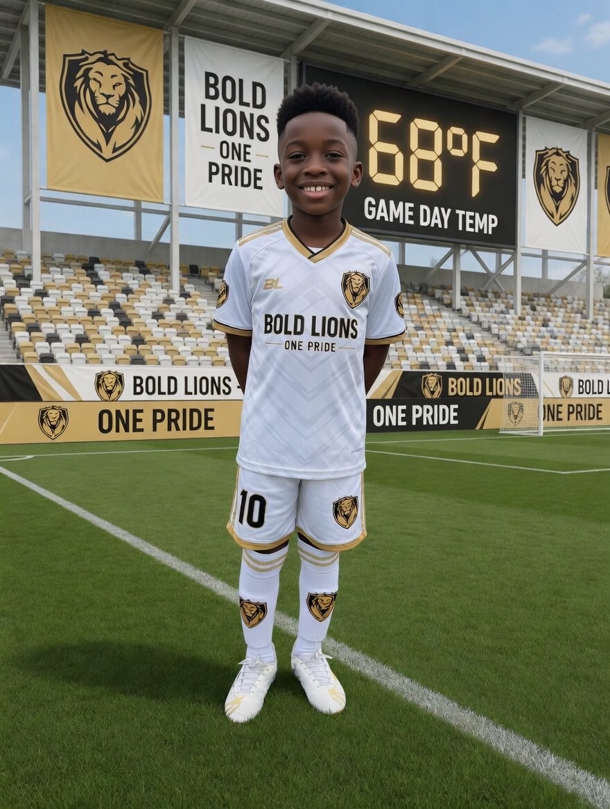 Young Bold Lions player standing proudly in full academy kit